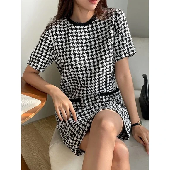 minimalist Houndstooth Print Tunic Dress black white - Picture 8 of 9